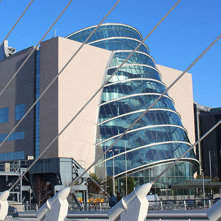 the convention centre is Dublin's largest conference venue - it has a cylindrical glass front leans to one side