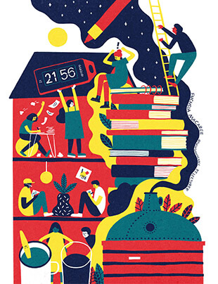 a creative collage of red, navy and yellow illustrations by fuchsia macaree