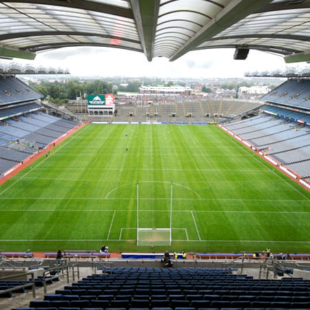 view of grass pitch and hill 16 from stands in croke park