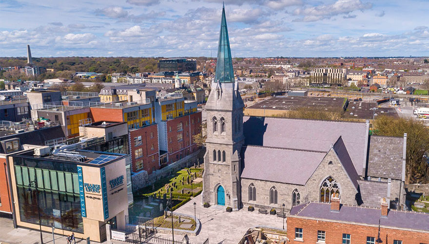 aerial view of old church which is now pearse lyons distillery in the liberties
