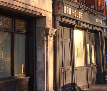 the blue facade of bru house pub