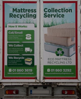 Mattress recycling van doors with contact details