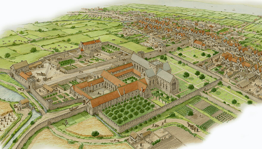 St Thomas's Abbey, reconstruction by artist Stephen Conlin.