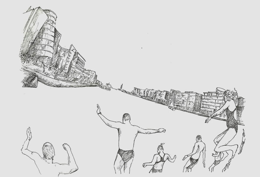 Vanessa Daws' drawing of swimmers jumping into the River Lifey