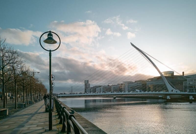 modern dublin bridge framed by cloudy sky, skyscrapers and the river liffey